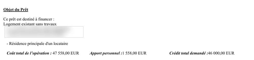 Extrait de l'offre de prêt : coût total de l'opération 47 558 euros, apport personnel 1 558 euros, crédit total demandé 46 000 euros